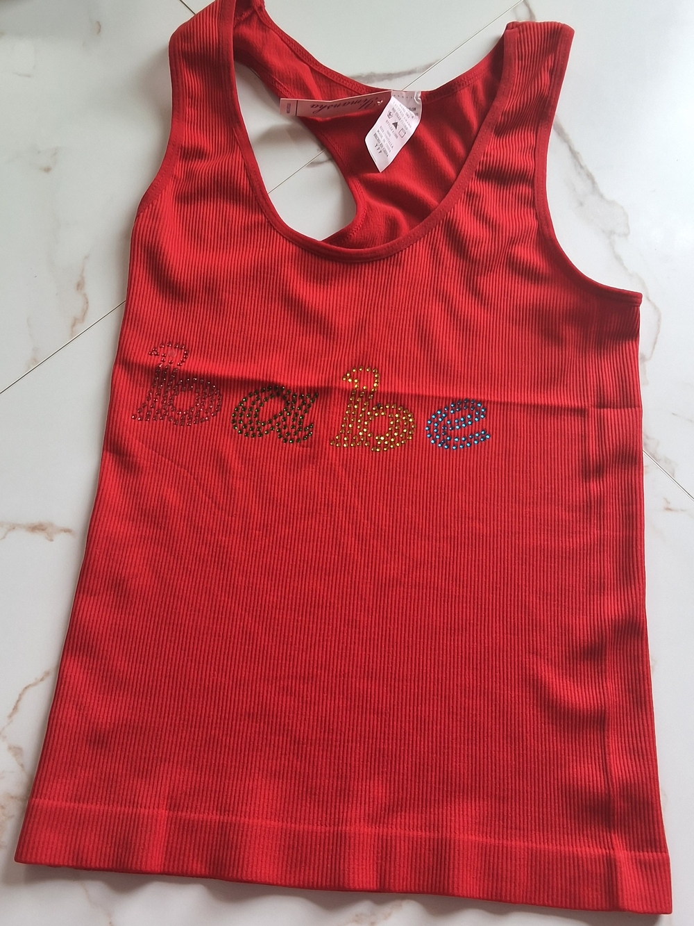 Babe Embellished Ribbed Tank Top - Red